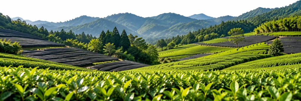 Wide view of green tea terraces with mountains behind