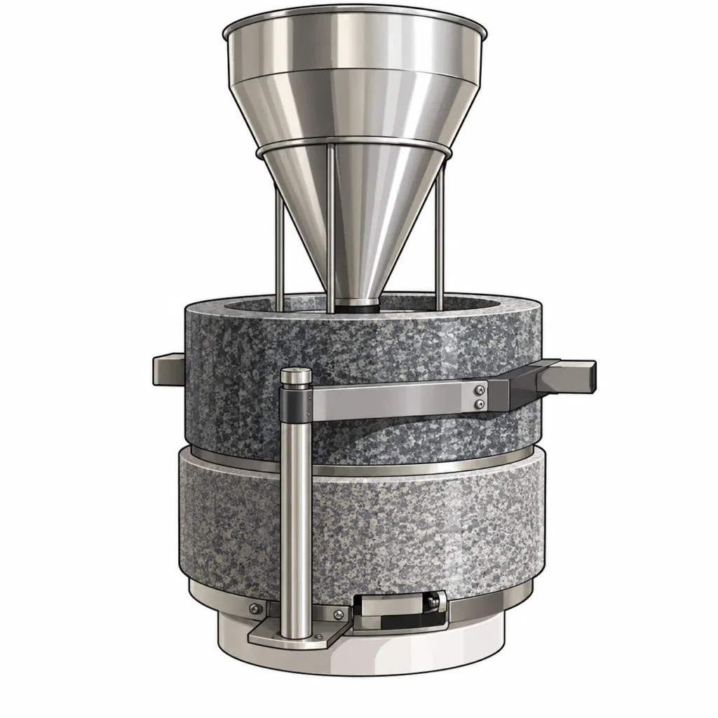 Modern stone tea mill with steel hopper used to grind tencha
