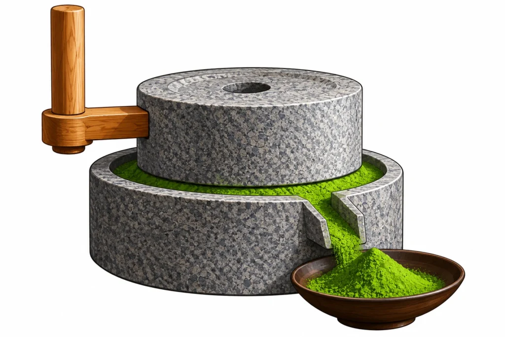 Traditional granite stone mill grinding green tea leaves into matcha powder