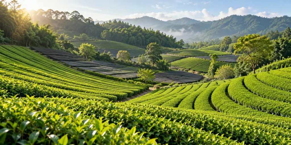 Rows of green tea bushes on rolling hills in Japan