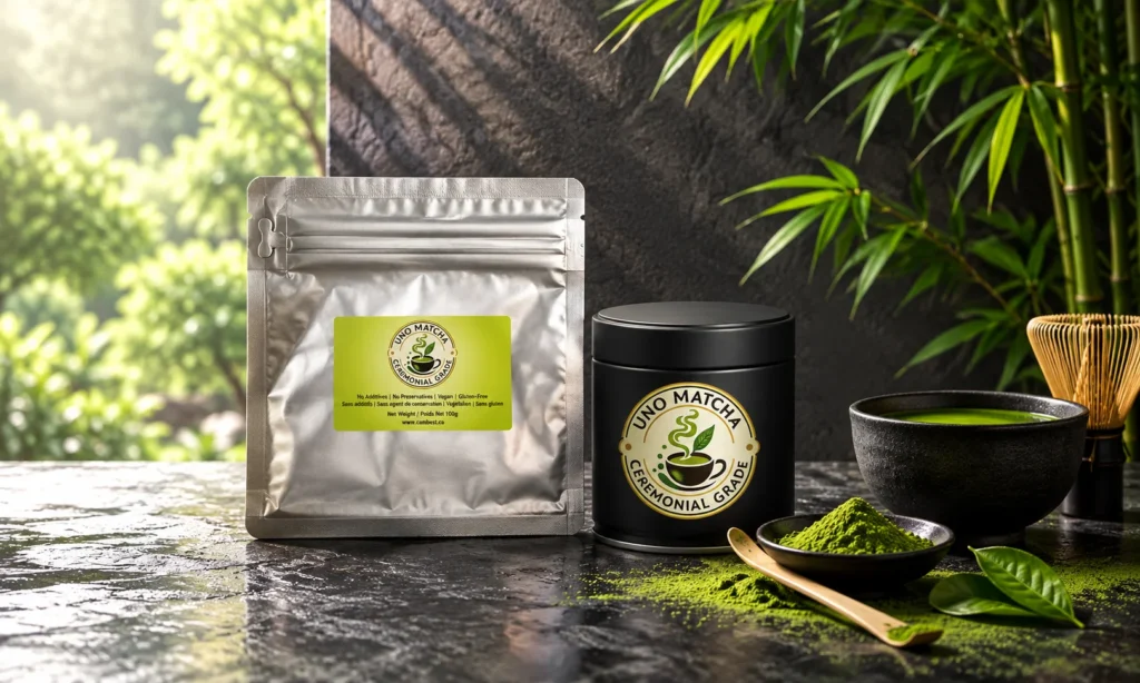 UNO Matcha resealable pouch and black tin with a bowl of matcha and bamboo whisk