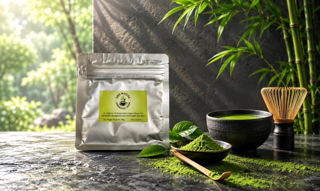 UNO Matcha pouch beside a bowl of whisked matcha and bamboo tools